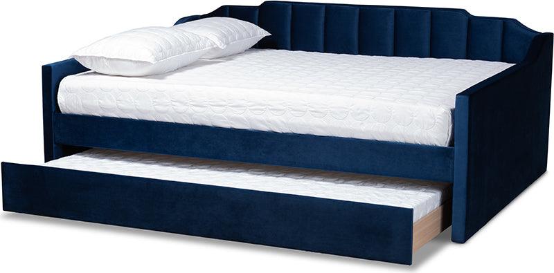 Wholesale Interiors Daybeds - Lennon Navy Blue Velvet Fabric Upholstered Queen Size Daybed with Trundle