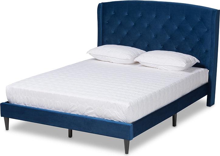 Wholesale Interiors Beds - Joanna Navy Blue Velvet Fabric Upholstered and Dark Brown Finished Wood King Size Platform Bed
