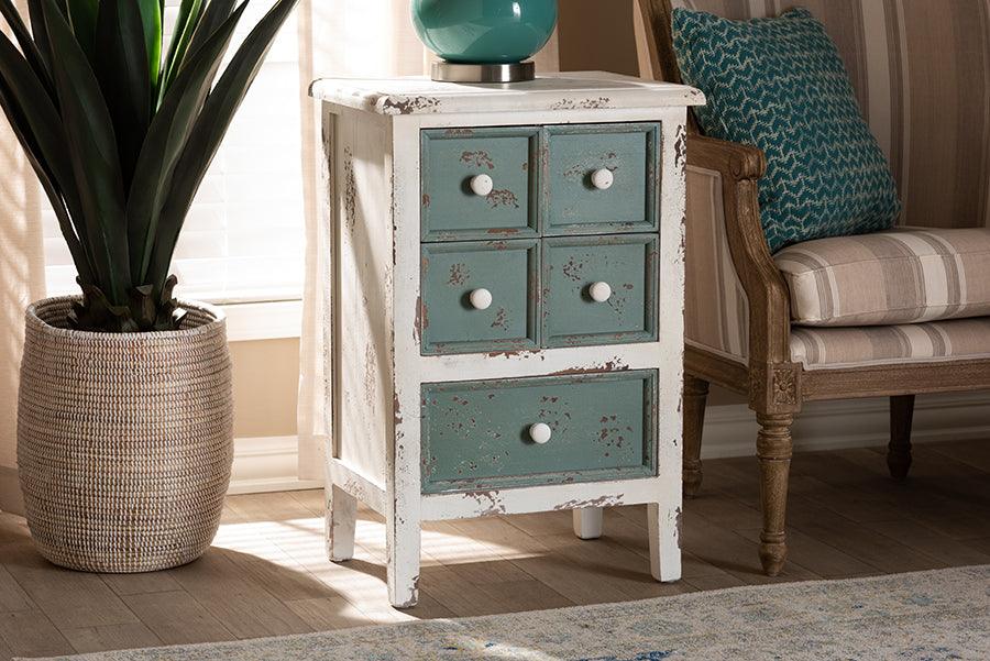 Wholesale Interiors Chest of Drawers - Angeline Antique French Country Cottage Distressed White and Teal Wood 5-Drawer Storage Cabinet