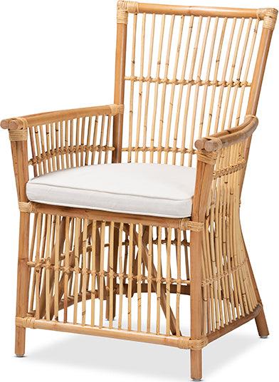 Wholesale Interiors Accent Chairs - Rose Modern Bohemian White Fabric Upholstered and Natural Brown Rattan Armchair