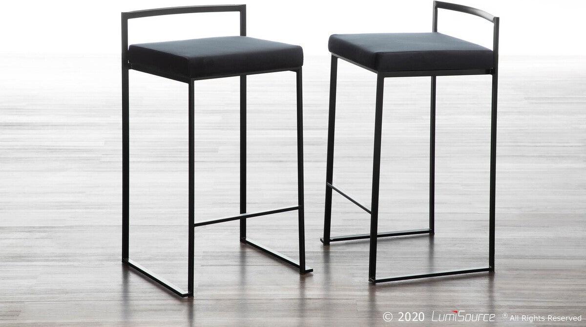 Lumisource Barstools - Fuji Contemporary Stackable Counter Stool in Black with Black Velvet Cushion - Set of 2