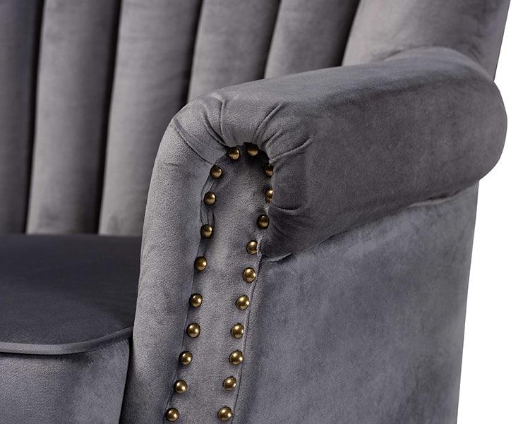 Wholesale Interiors Accent Chairs - Relena Classic and Traditional Grey Velvet and Dark Brown Wood Armchair