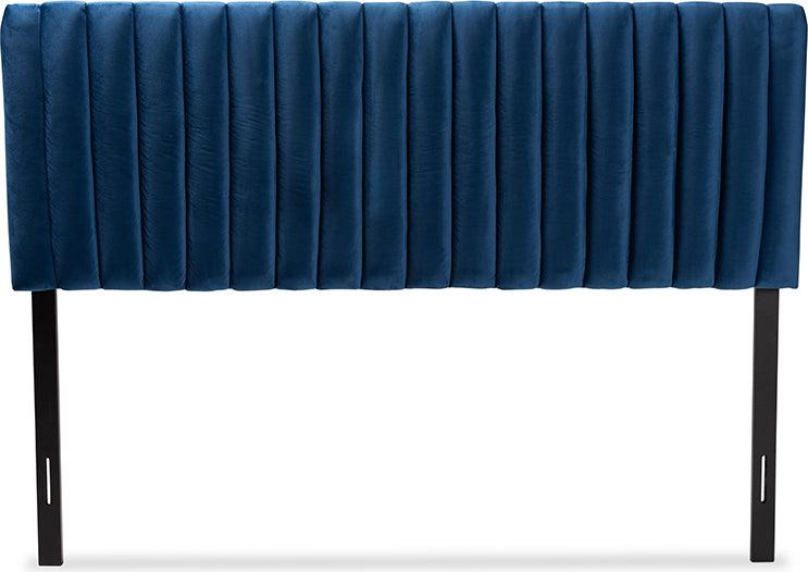 Wholesale Interiors Headboards - Emile Navy Blue Velvet Fabric Upholstered and Dark Brown Finished Wood Full Size Headboard