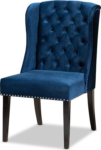 Wholesale Interiors Dining Chairs - Lamont Navy Blue Velvet Fabric Upholstered and Dark Brown Finished Wood Wingback Dining Chair