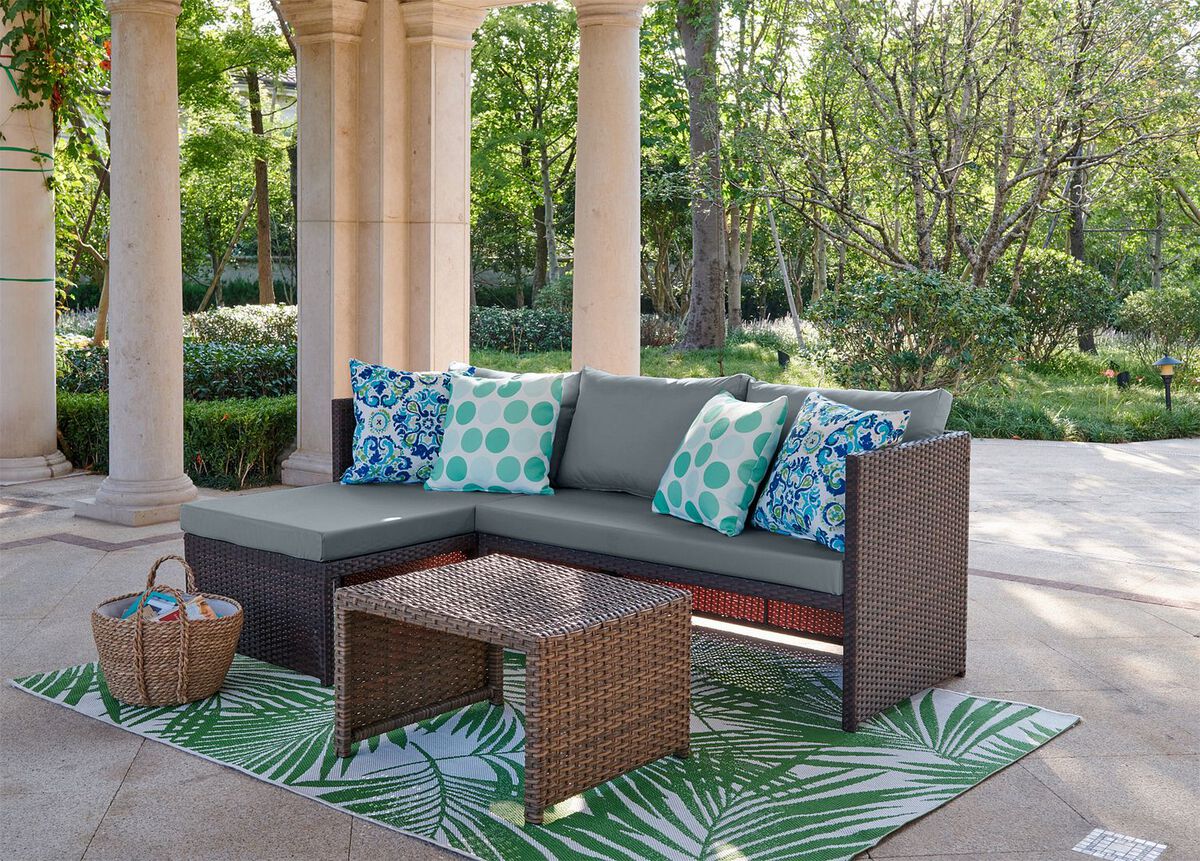 Manhattan Comfort Outdoor Conversation Sets - Menton Patio 2-Seater and Lounge Chair with Coffee Table with Grey Cushions