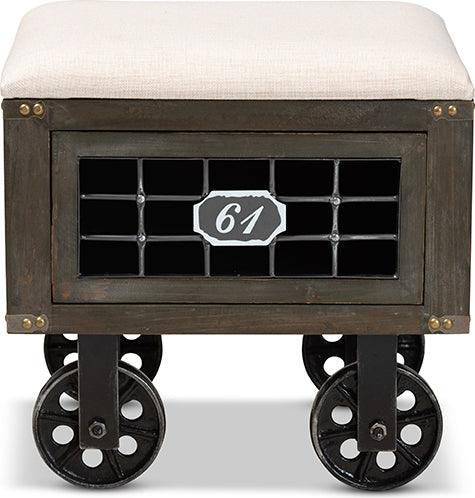 Wholesale Interiors Ottomans & Stools - Harley Transitional Beige Fabric and Black Metal 1-Drawer Wheeled Storage Ottoman