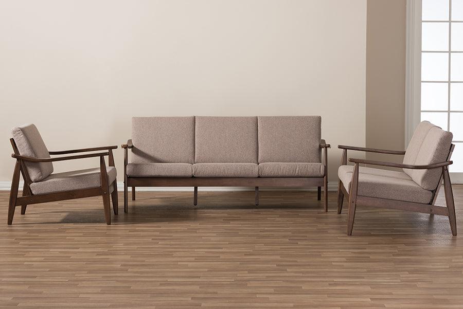 Wholesale Interiors Living Room Sets - Venza Mid-Century Modern Walnut Wood Light Brown Fabric 3-Piece Livingroom Set
