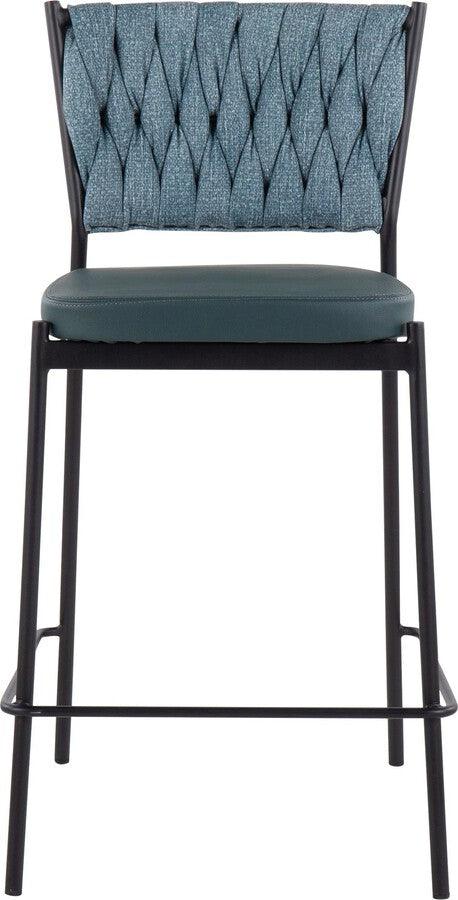 Lumisource Barstools - Braided Tania Counter Stool In Black Metal, Green Faux Leather, & Sea Green Fabric (Set of 2)