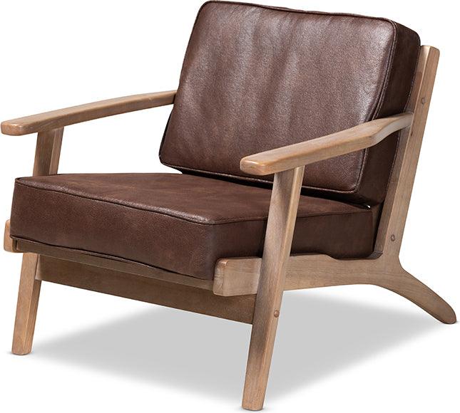 Wholesale Interiors Accent Chairs - Sigrid Dark Brown Faux Leather Effect Fabric Upholstered Antique Oak Finished Wood Armchair