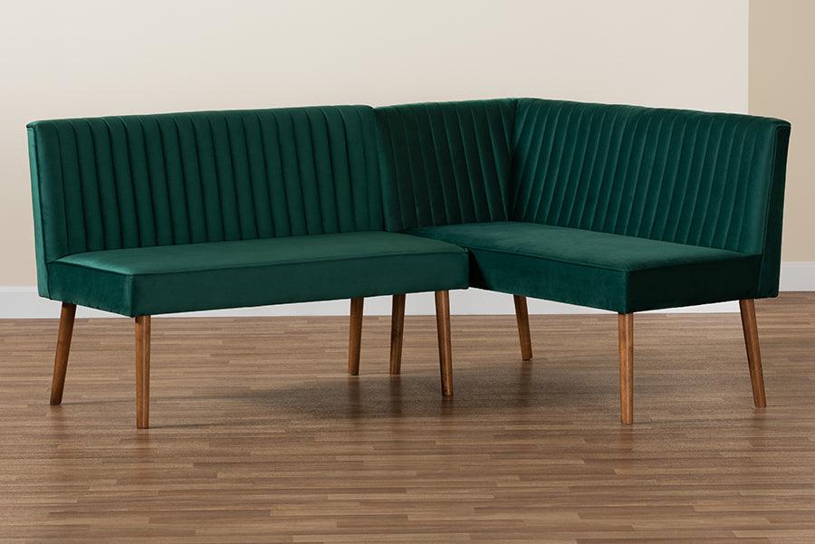Wholesale Interiors Benches - Alvis Emerald Green Velvet Upholstered and Walnut Brown Wood 2-Piece Dining Nook Banquette Set