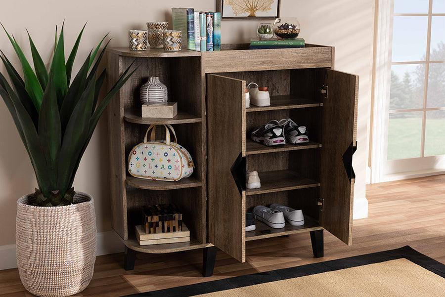 Wholesale Interiors Shoe Storage - Wales Contemporary Rustic Oak Wood 2-Door Shoe Storage Cabinet with Open Shelves
