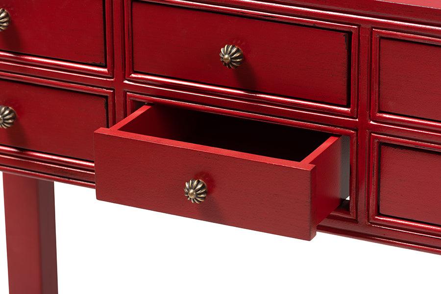 Wholesale Interiors Consoles - Pomme Antique Red Finished Wood Bronze Finished Accents 6-Drawer Console Table