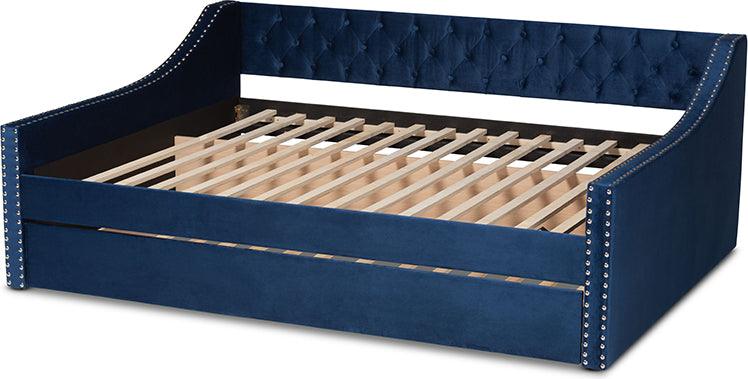 Wholesale Interiors Daybeds - Raphael Navy Blue Velvet Fabric Upholstered Queen Size Daybed with Trundle