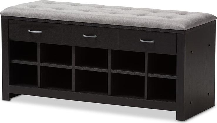 Wholesale Interiors Shoe Storage - Contemporary Espresso Finished Grey Fabric Upholstered Cushioned Entryway Bench