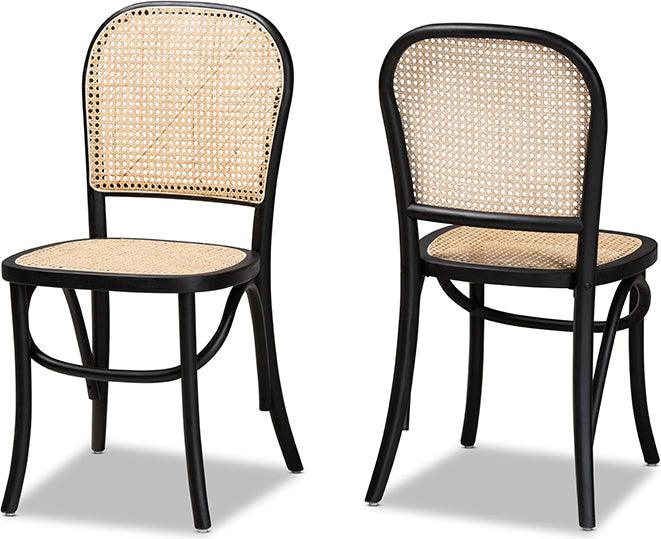 Wholesale Interiors Dining Chairs - Cambree Mid-Century Brown Woven Rattan and Black Wood 2-Piece Cane Dining Chair Set