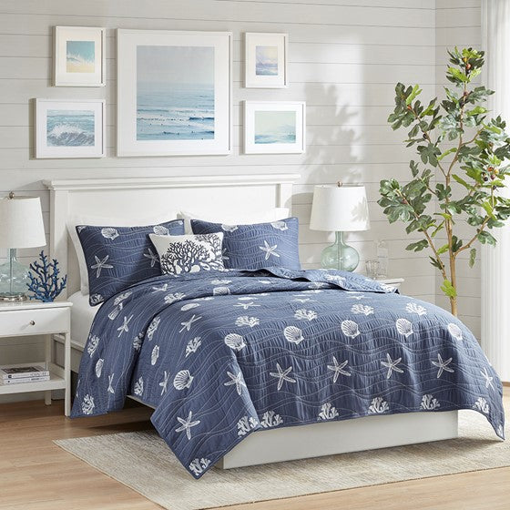 Olliix.com Coverlet - 4 Piece Cotton Reversible Embroidered Quilt Set with Throw Pillow Navy Cal King