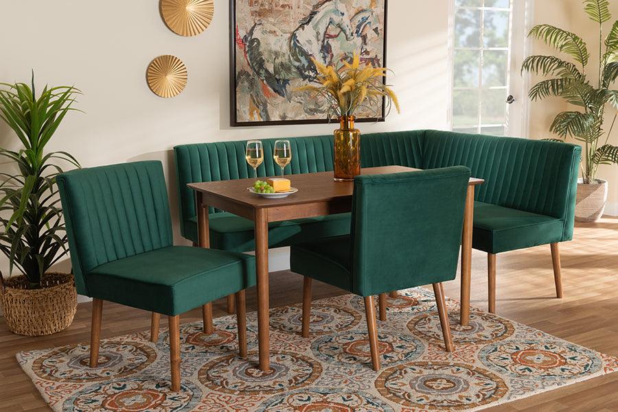 Wholesale Interiors Dining Sets - Alvis Emerald Green Velvet Upholstered and Walnut Brown Finished Wood 5-Piece Dining Nook Set
