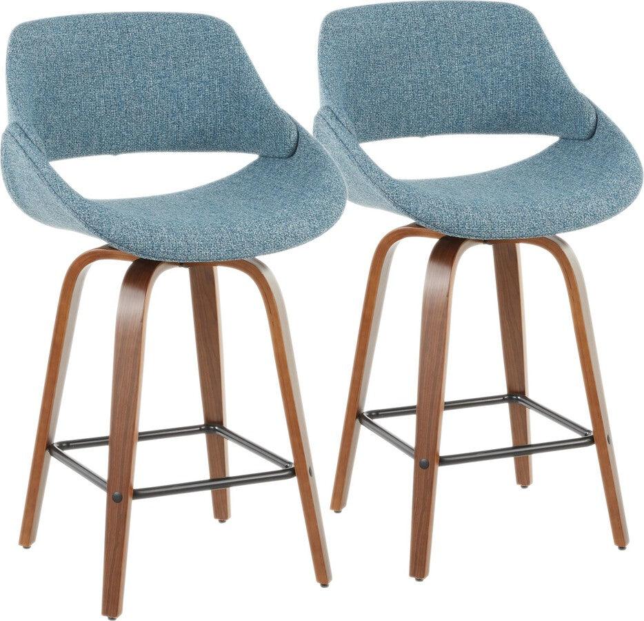 Lumisource Barstools - Fabrico Mid-Century Modern Counter Stool in Walnut - Blue Noise Fabric - Set of 2