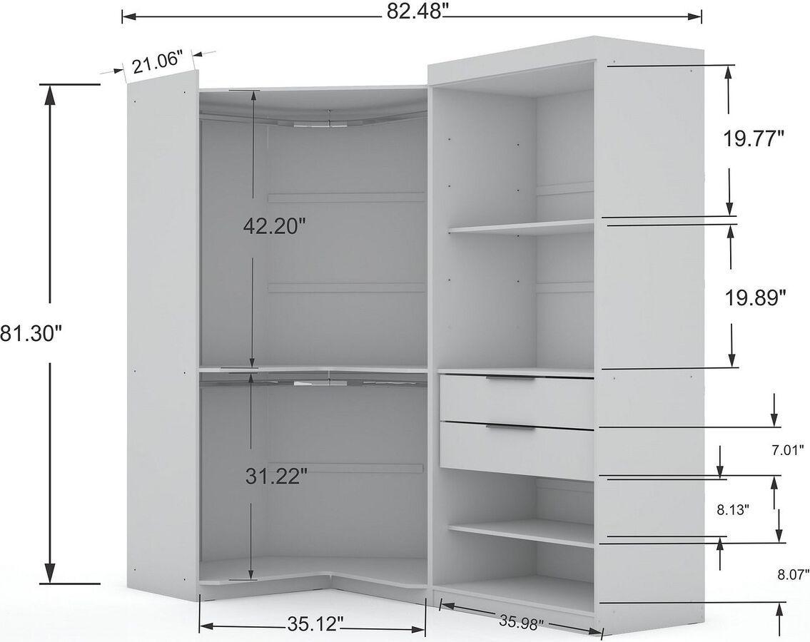 Manhattan Comfort Cabinets & Wardrobes - Mulberry 3.0 Sectional Corner Wardrobe Closet - Set of 2 in White