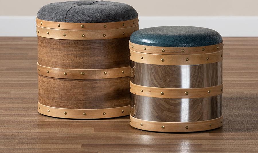 Wholesale Interiors Ottomans & Stools - Caleb Modern Grey Fabric and Blue Faux Leather Wood and Metal Storage Ottoman Set