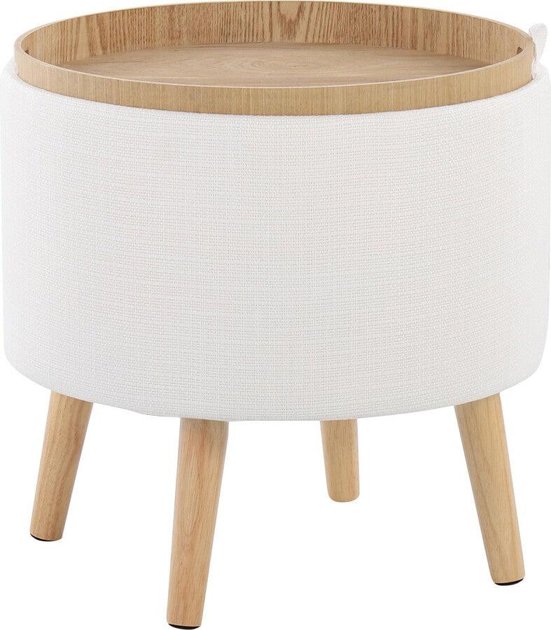 Lumisource Ottomans & Stools - Tray Contemporary Storage Ottoman With Matching Stool In Cream Fabric & Natural Wood Legs