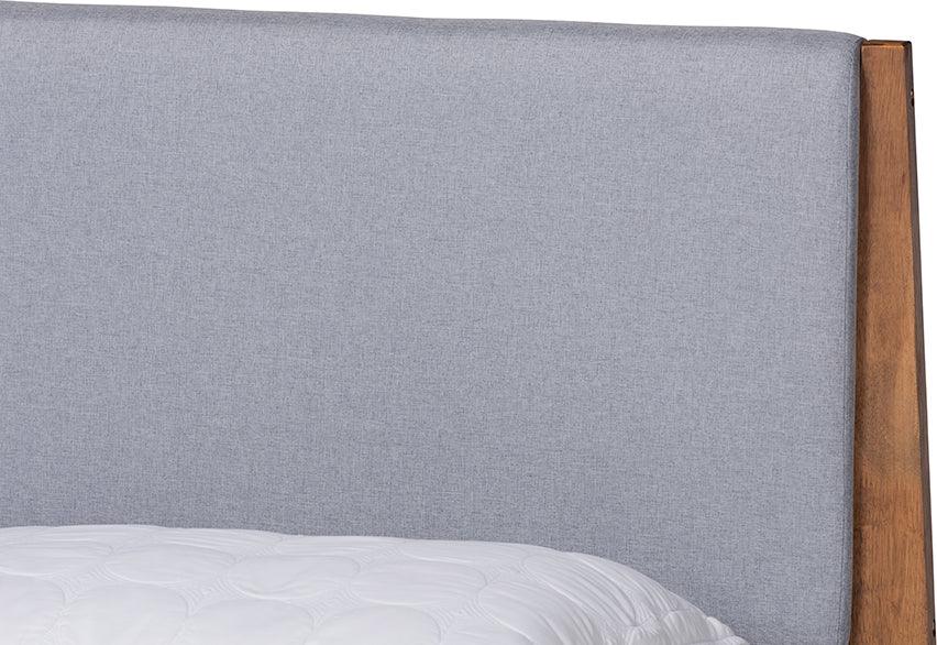 Wholesale Interiors Beds - Senna Mid-Century Modern Grey Fabric and Walnut Brown Wood King Size Platform Bed