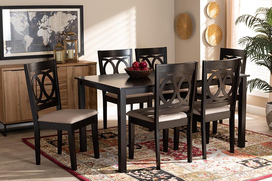 Wholesale Interiors Dining Sets - Lenoir Sand Fabric Upholstered Espresso Brown Finished Wood 7-Piece Dining Set