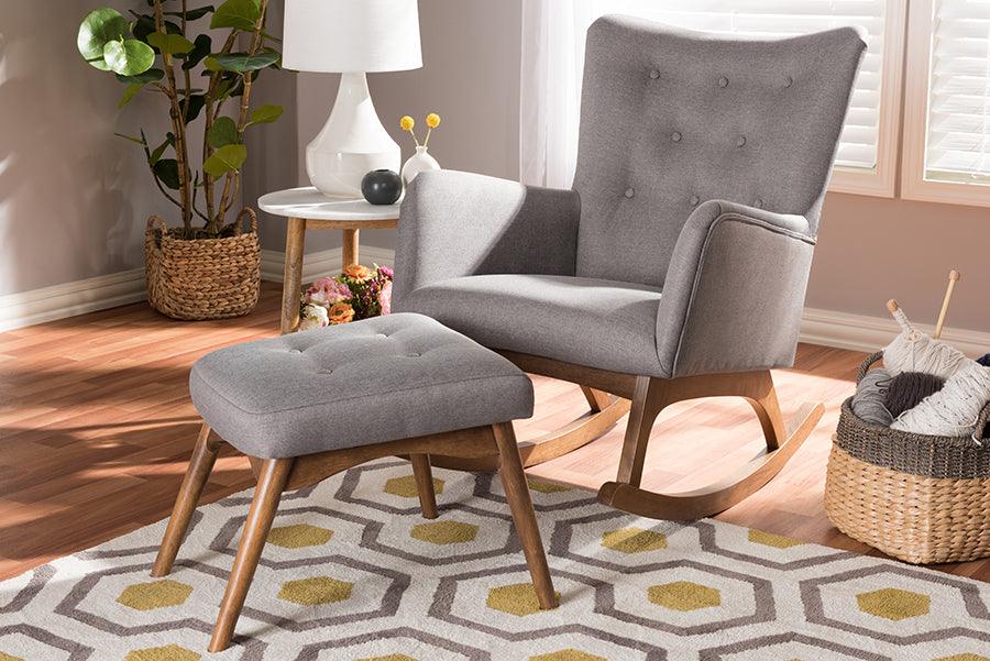 Wholesale Interiors Living Room Sets - Waldmann Mid-Century Modern Grey Fabric Upholstered Rocking Chair and Ottoman Set