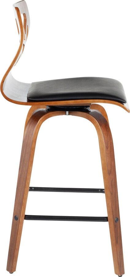 Lumisource Barstools - Folia Mid-Century Modern Counter Stool in Walnut Wood and Black Faux Leather - Set of 2