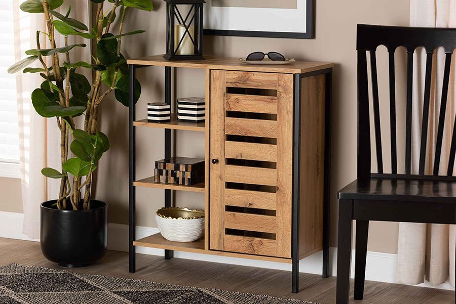 Wholesale Interiors Shoe Storage - Vander Oak Brown Finished Wood & Black Finished Metal 1-Door Shoe Storage Cabinet