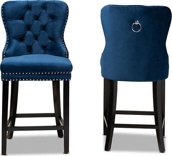 Wholesale Interiors Barstools - Howell Navy Blue Velvet Upholstered and Dark Brown Finished Wood 2-Piece Counter Stool Set