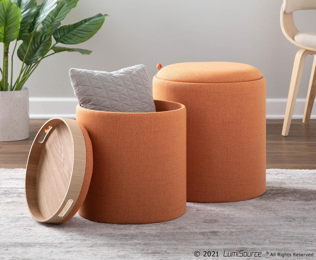 Lumisource Living Room Sets - Tray Contemporary Nesting Ottoman Set in Orange Fabric and Natural Wood