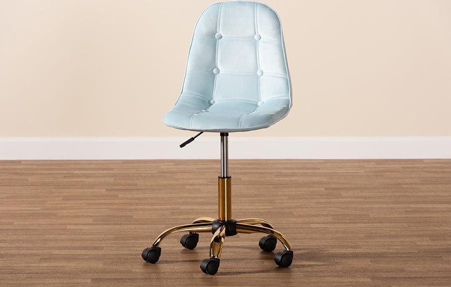 Wholesale Interiors Task Chairs - Kabira Contemporary Glam and Luxe Aqua Velvet Fabric and Gold Metal Swivel Office chair