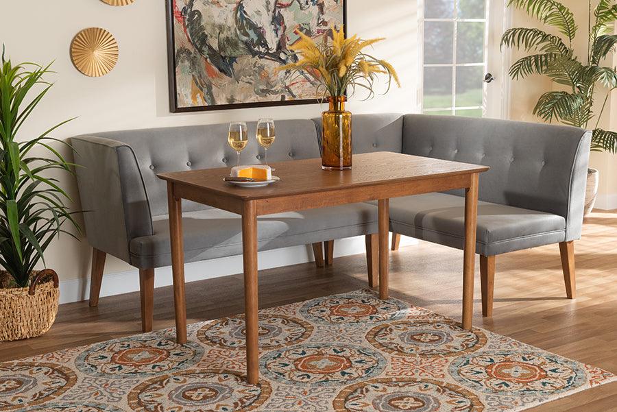 Wholesale Interiors Dining Sets - Stewart Mid-Century Grey Velvet Upholstered and Walnut Brown Finished Wood 3-Piece Dining Nook Set