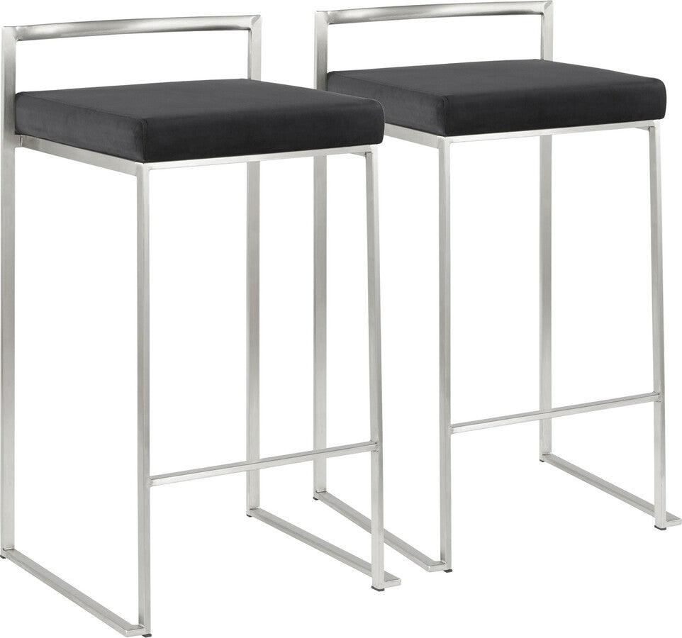 Lumisource Barstools - Fuji Contemporary Stackable Counter Stool in Stainless Steel with Black Velvet Cushion - Set of 2