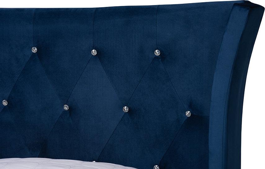Wholesale Interiors Beds - Easton Contemporary Glam and Luxe Navy Blue Velvet and Gold Metal Queen Size Panel Bed