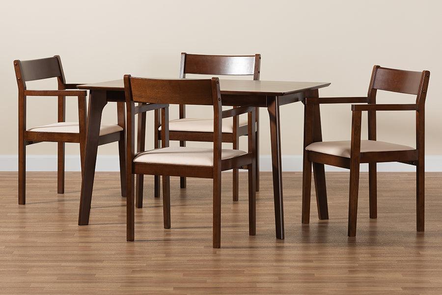 Wholesale Interiors Dining Sets - Helene Mid-Century Modern Cream Fabric And Dark Brown Finished Wood 5-Piece Dining Set