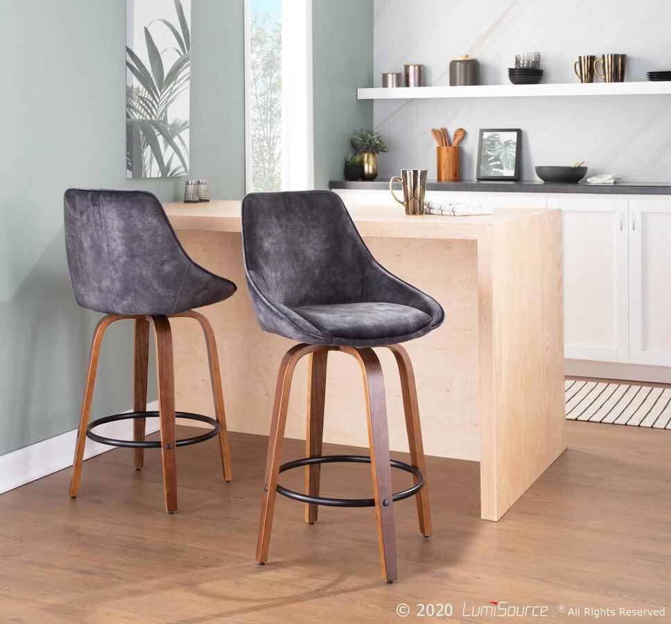Lumisource Barstools - Diana Contemporary Counter Stool in Walnut Wood and Grey Velvet - Set of 2