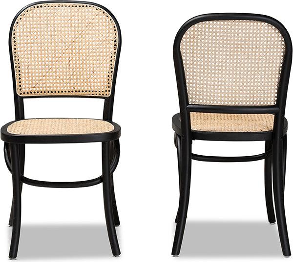 Wholesale Interiors Dining Chairs - Cambree Mid-Century Brown Woven Rattan and Black Wood 2-Piece Cane Dining Chair Set