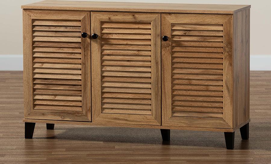 Wholesale Interiors Shoe Storage - Coolidge Oak Brown Finished Wood 3-Door Shoe Storage Cabinet