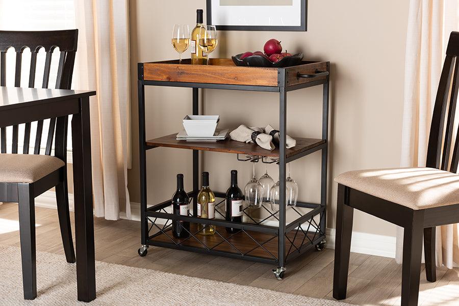Wholesale Interiors Bar Units & Wine Cabinets - Capri Vintage Rustic Industrial Oak Brown and Black Finished Mobile Metal Bar Cart