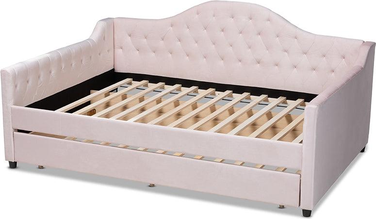 Wholesale Interiors Daybeds - Perry Light Pink Velvet Fabric Upholstered And Button Tufted Full Size Daybed With Trundle