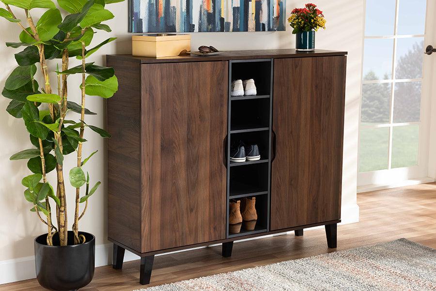 Wholesale Interiors Shoe Storage - Idina Mid-Century Modern Two-Tone Walnut Brown and Grey Wood 2-Door Shoe Cabinet