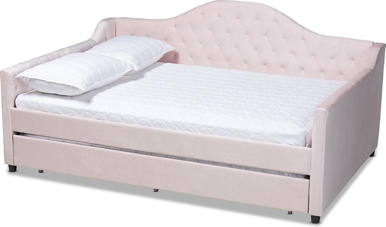 Wholesale Interiors Daybeds - Perry Light Pink Velvet Fabric Upholstered And Button Tufted Full Size Daybed With Trundle
