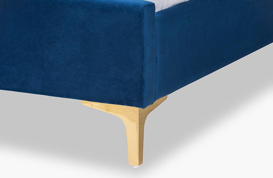 Wholesale Interiors Beds - Serrano Glam and Luxe Navy Blue Velvet Fabric Upholstered and Gold Metal King Size Platform Bed