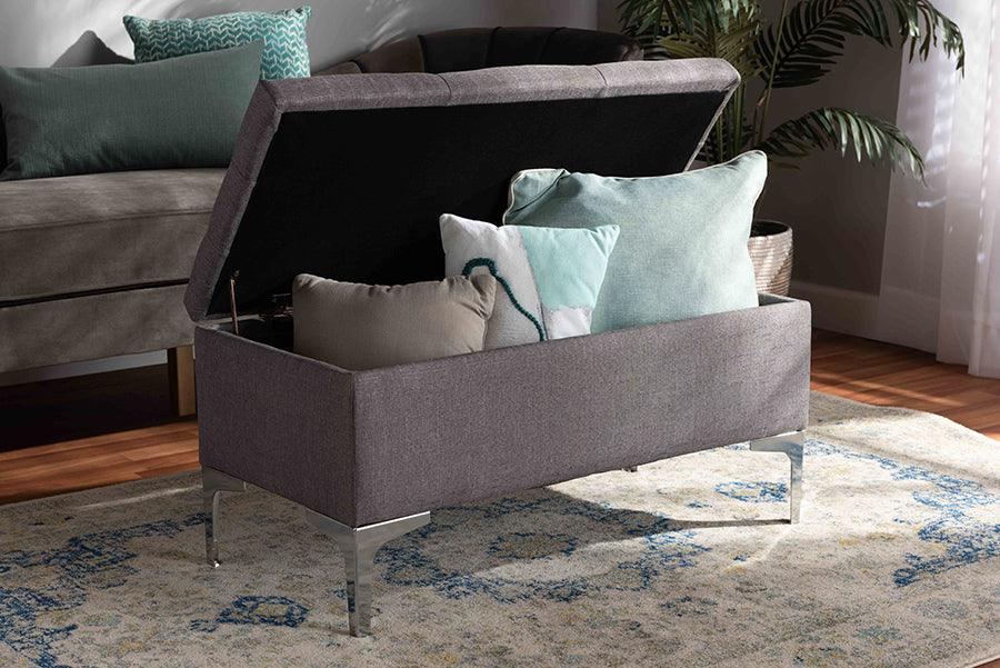 Wholesale Interiors Ottomans & Stools - Mabel Grey Fabric Upholstered and Silver Finished Metal Storage Ottoman