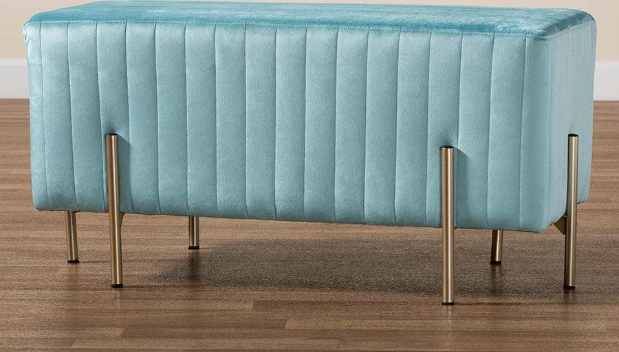 Wholesale Interiors Benches - Helaine Contemporary Glam and Luxe Sky Blue Fabric and Gold Metal Bench Ottoman