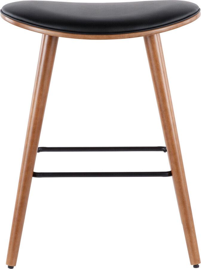 Lumisource Barstools - Saddle 26" Mid-Century Modern Counter Stool in Walnut and Black Faux Leather - Set of 2