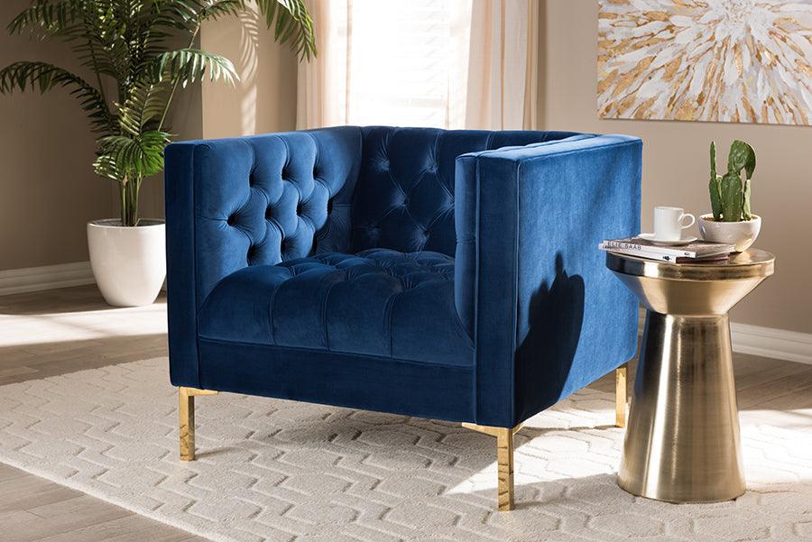 Wholesale Interiors Accent Chairs - Zanetta Luxe and Glamour Navy Velvet Upholstered Gold Finished Lounge Chair