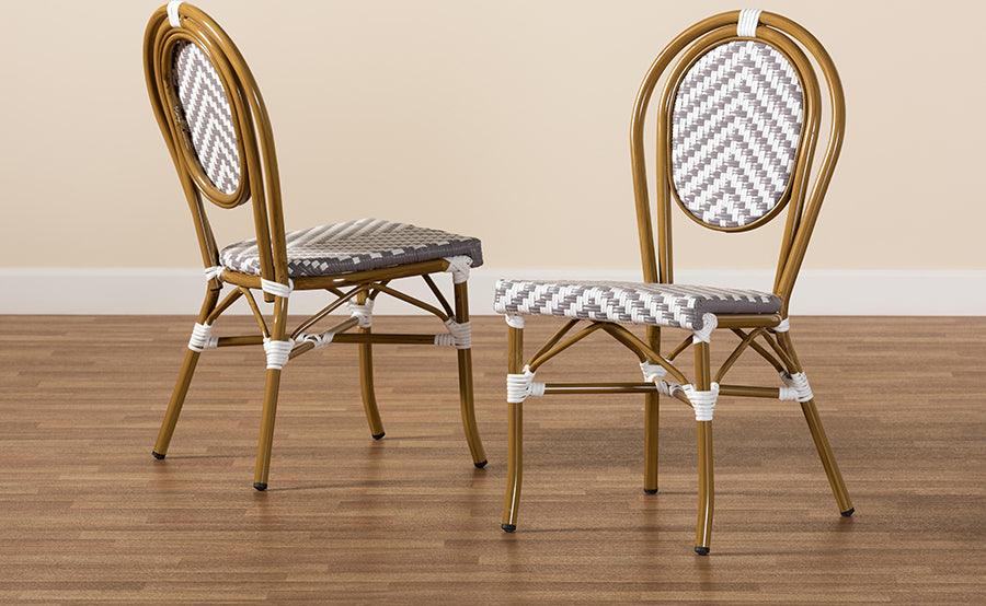 Wholesale Interiors Outdoor Dining Chairs - Alaire Indoor and Outdoor Grey and White Bamboo Style Stackable 2-Piece Bistro Dining Chair Set